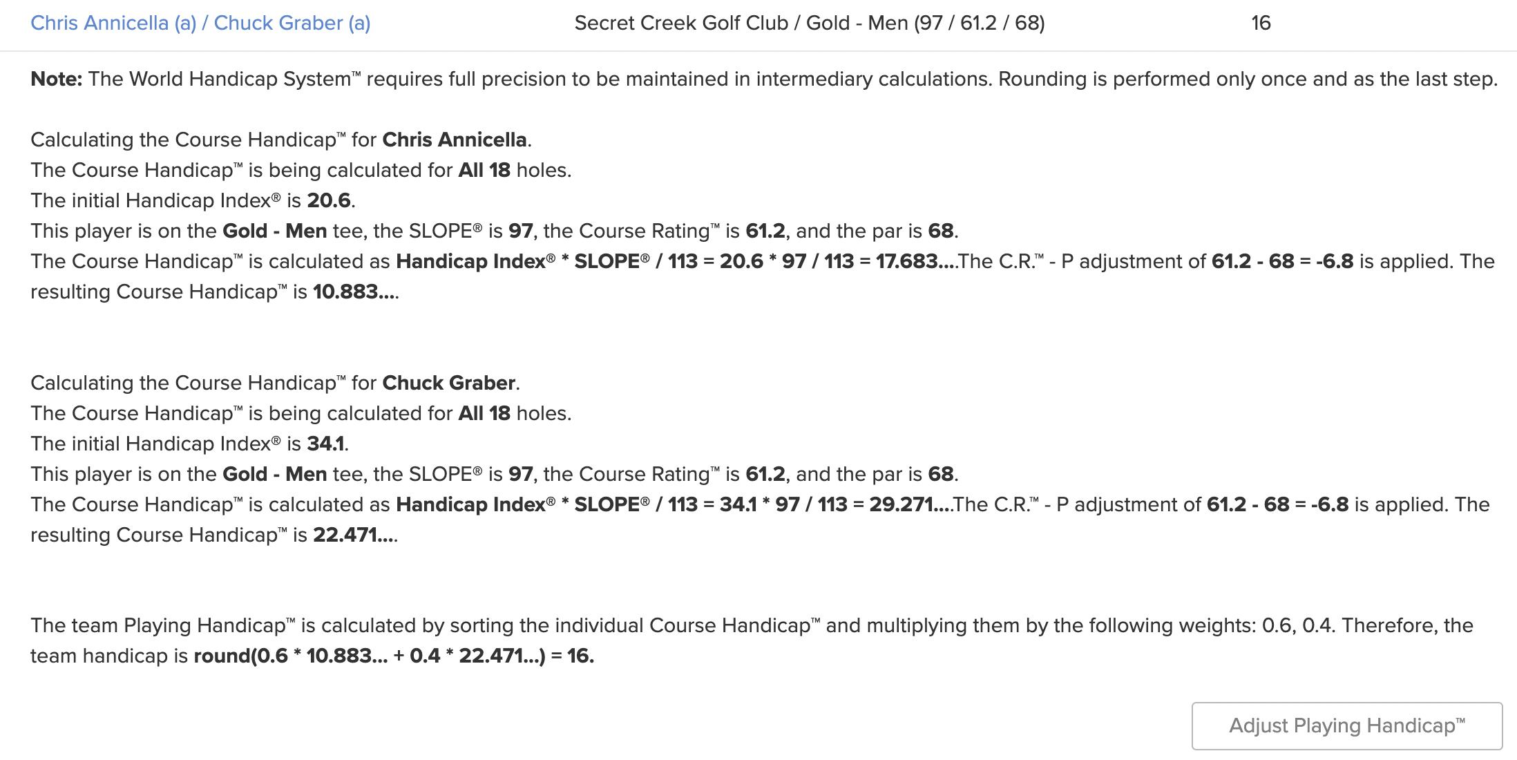 Handicap analysis / explanation display