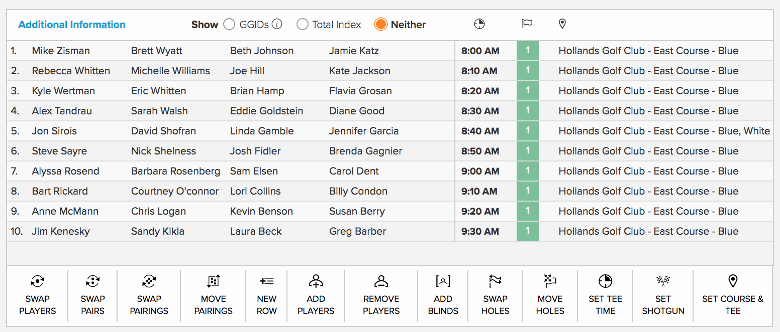 Tee sheet management interface
