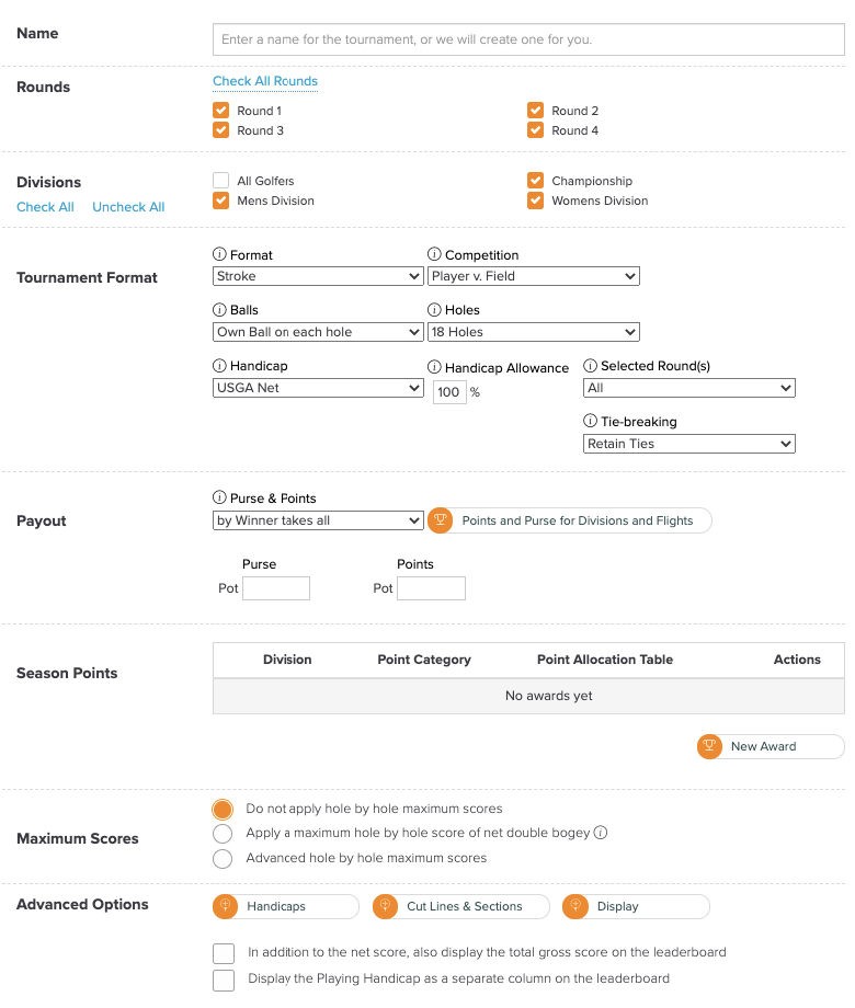 Tournament builder interface